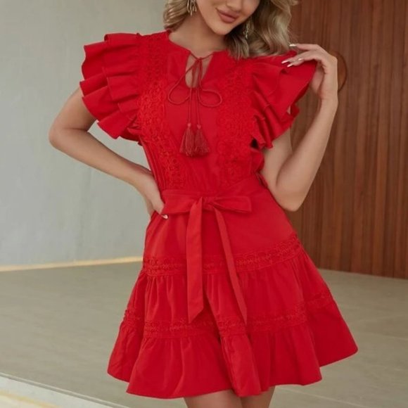 Butterfly Sleeve Lace Panel Tassel Tie Neck Ruffle Hem Belted mini Dress - Picture 3 of 7